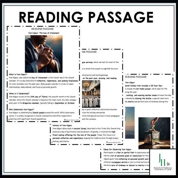 Yom Kippur Reading Comprehension Passage & Questions | October Fall Activity | Middle School | DOK