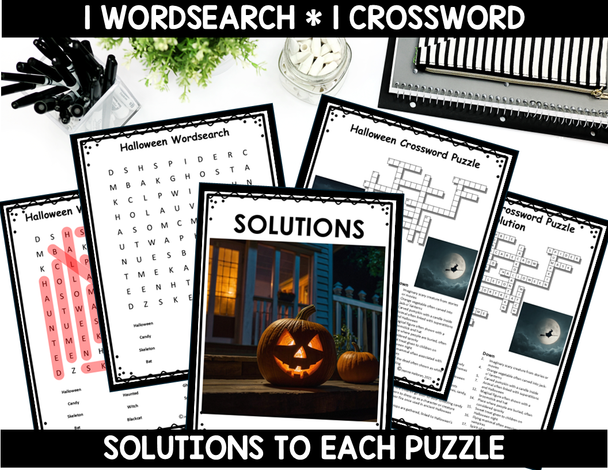 Halloween Word Search & Crossword Puzzles | October Activity | Middle School | No Prep