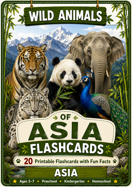 Wild Animals Flashcards | 20 Asian Printable Animal Cards with Fun Facts