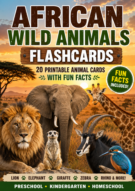 Wild Animals Flashcards | 20 African Printable Animal Cards with Fun Facts