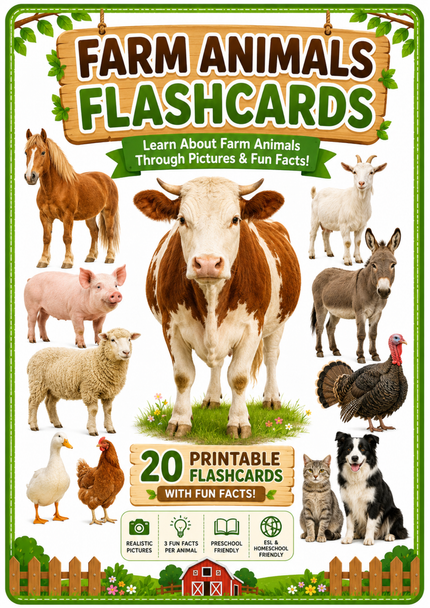 Farm Animals Flashcards 20 Printable Animal Cards with Fun Facts