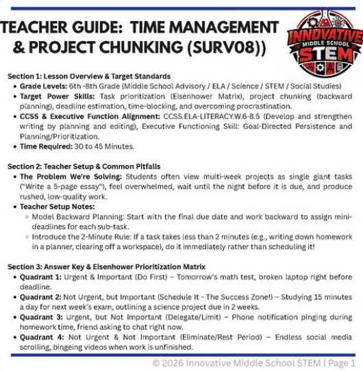 Time Management & Project Chunking Guide (SURV08) | Middle School Executive Function & Study Skills (Grades 6-8)