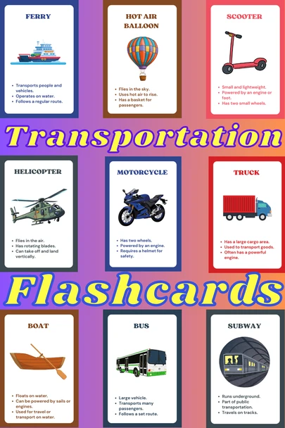 Transportation Flash Cards | Vehicles & Transport Vocabulary | Kindergarten