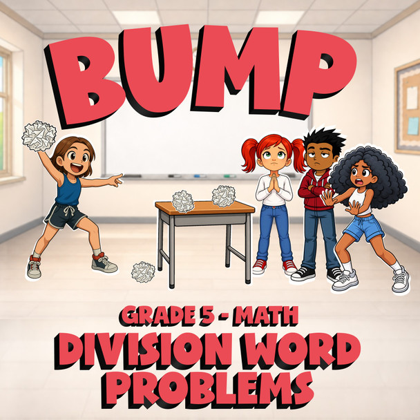 Division Word Problems BUMP Math Game - No Prep Grade 5 Review Activity
