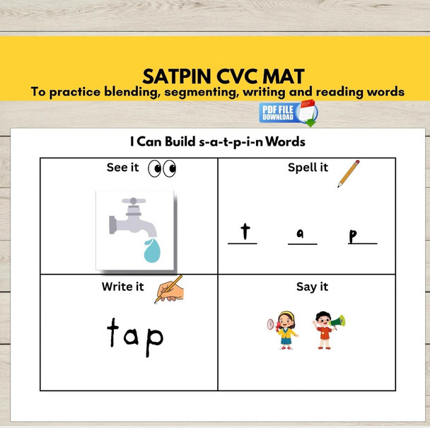 SATPIN Phonics CVC Word Building Blending Activity Mat - Segmenting Sounds Board