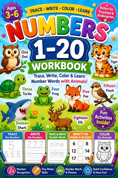 Numbers 1–20 Workbook | Trace, Write, Color & Number Words with Animals