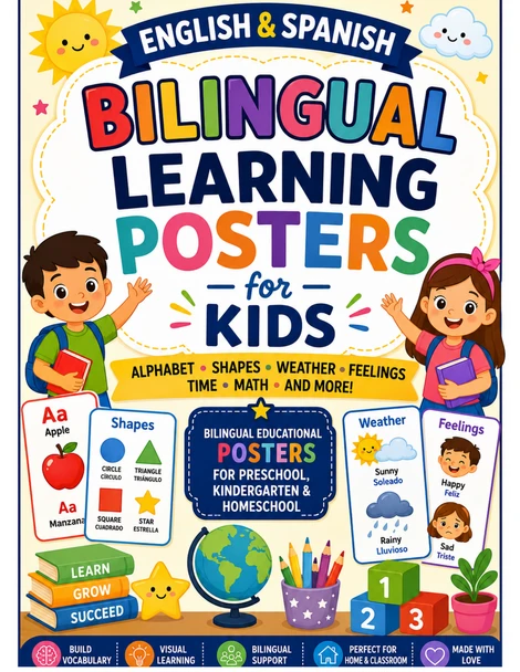English & Spanish Bilingual Learning Posters for Kids | Alphabet, Shapes, MORE!