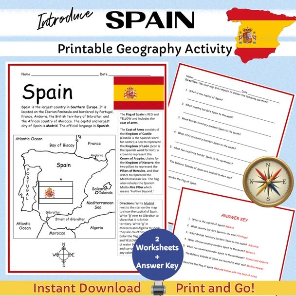Spain Printable Geography Activity | 2 Printable Worksheets + Answer Key