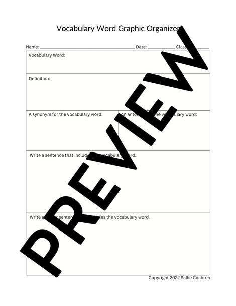 Vocabulary Word Graphic Organizer, Middle School 6th 7th 8th Grade