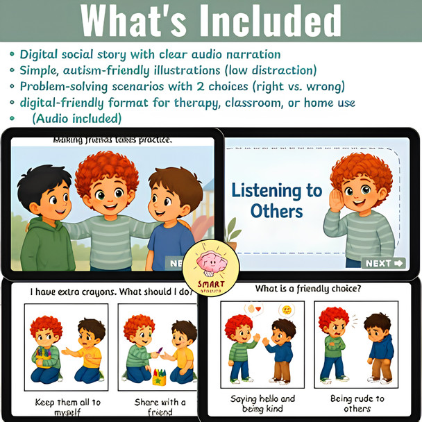 10634 : Liam Learns How to Make Friends | Boom card Social Story for PreK & Autism