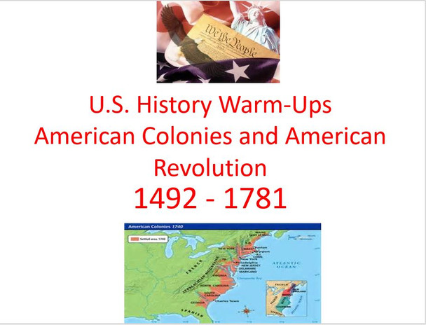 61 American Colonies and American Revolution Bell Ringers or Warm Ups