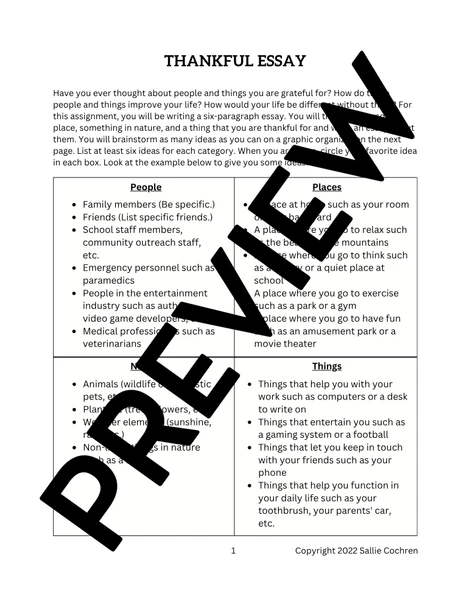 Thankful Essay: Thanksgiving Narrative Writing Assignment, 6th 7th 8th Grade