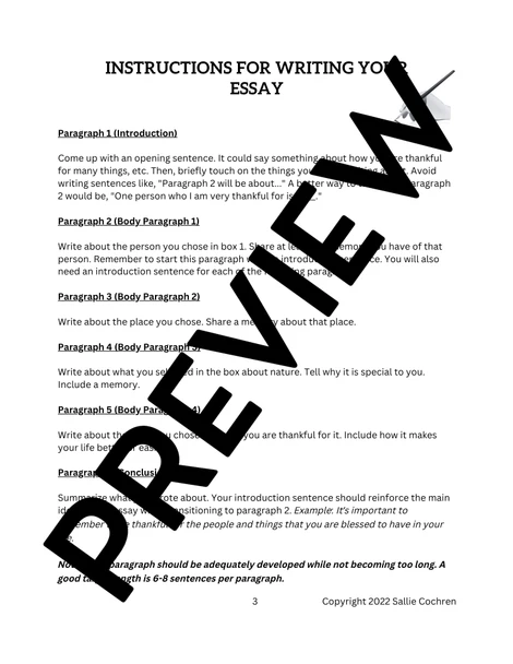 Thankful Essay: Thanksgiving Narrative Writing Assignment, 6th 7th 8th Grade
