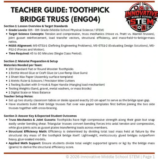 Toothpick Bridge Truss Load Challenge (ENG04) | Middle School Civil Engineering (Grades 6-8)