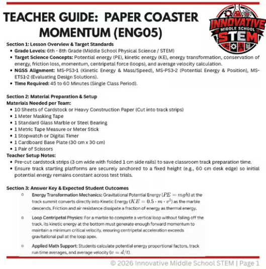 Paper Roller Coaster Momentum & Energy STEM Lab (ENG05) | Middle School Mechanical Physics (Grades 6-8)