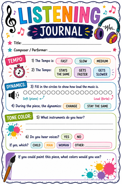10624 : Music Listening Journal — 2 Differentiated Versions | Active Listening Activity