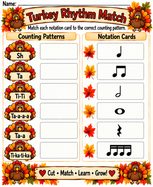 10624 : Turkey Time Rhythms | Thanksgiving Music Worksheets & Rhythm Activities Bundle