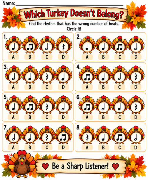 10624 : Turkey Time Rhythms | Thanksgiving Music Worksheets & Rhythm Activities Bundle
