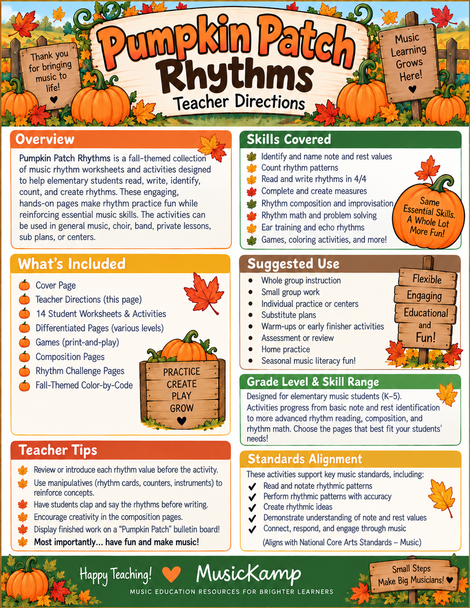 10624 : Pumpkin Patch Rhythms | Fall Music Worksheets & Rhythm Activities Bundle