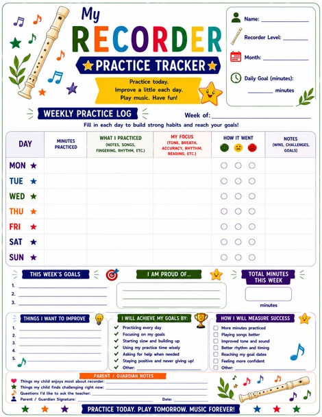 10624 : Recorder Practice Tracker for Kids - Printable Practice Log, Goal Sheet