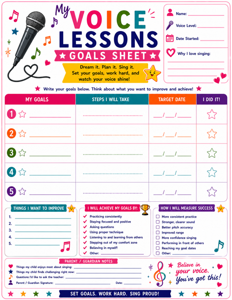 10624 : Vocal Music Practice Tracker for Kids - Printable Practice Log, Goal Sheet
