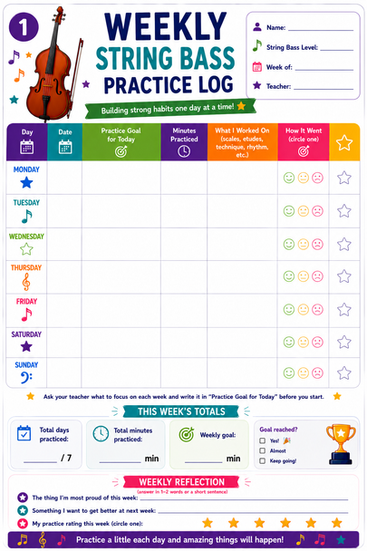 10624 : String Bass Practice Tracker for Kids - Printable Practice Log and more