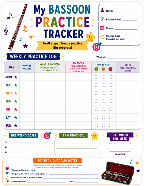 10624 : Bassoon Practice Tracker for Kids - Printable Practice Log, Goal Sheet