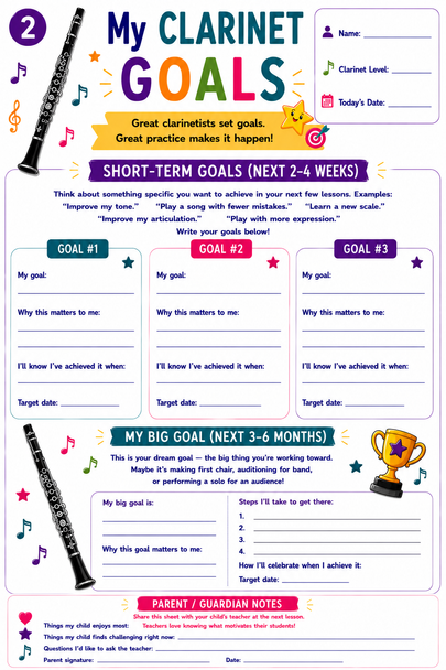 10624 : Clarinet Practice Tracker for Kids - Printable Practice Log, Goal Sheet and More