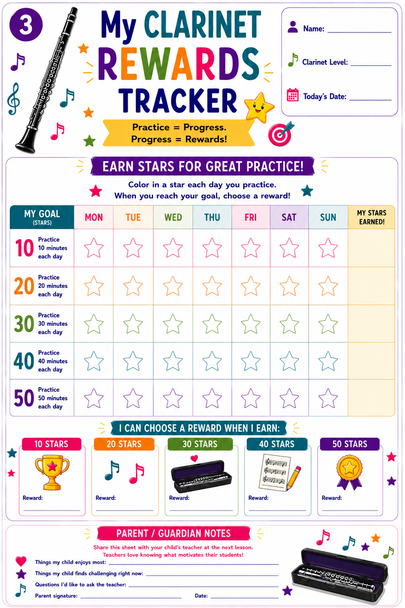 10624 : Clarinet Practice Tracker for Kids - Printable Practice Log, Goal Sheet and More