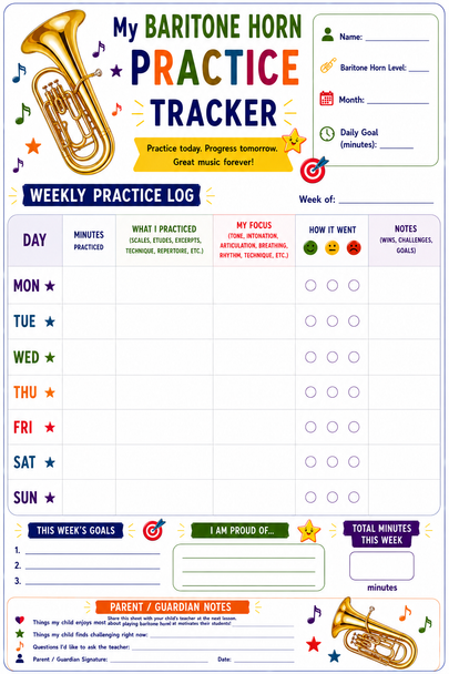 10624 : Baritone Practice Tracker for Kids - Printable Practice Log, Goal Sheet