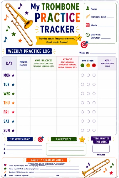 10624 : Trombone Practice Tracker for Kids - Printable Practice Log, Goal Sheet