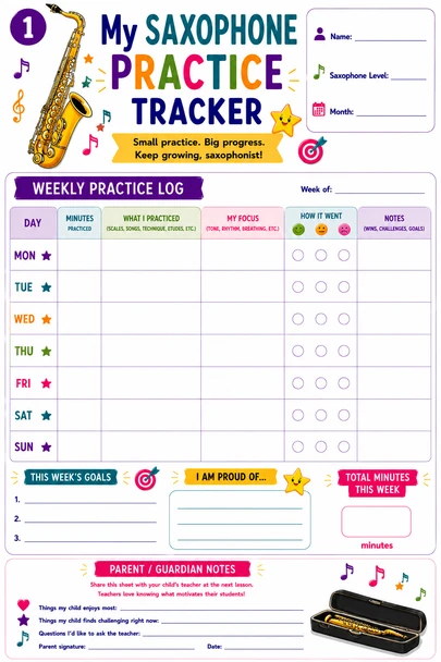 10624 : Saxophone Practice Tracker for Kids - Printable Practice Log, Goal Sheet