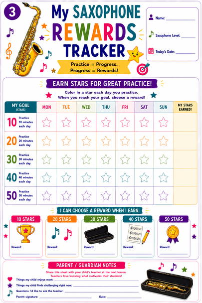10624 : Saxophone Practice Tracker for Kids - Printable Practice Log, Goal Sheet