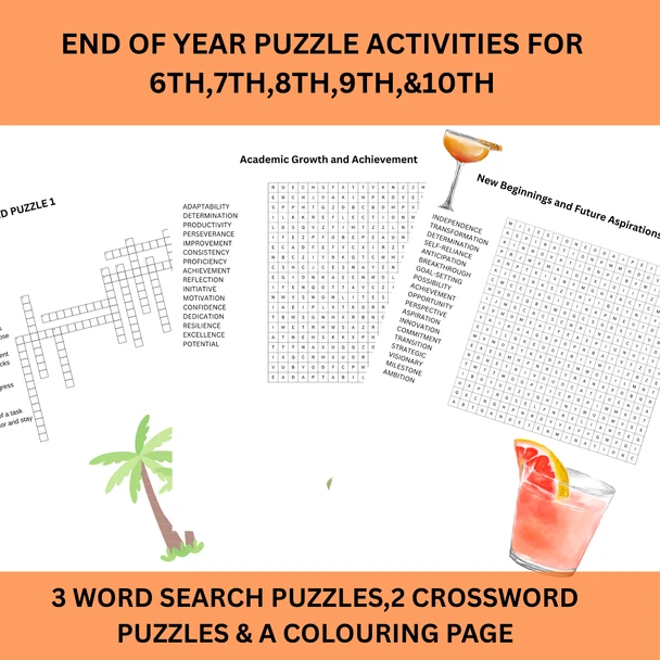10638 : End of Year Puzzle Activities for Grades 6–10 | Word Search, Crossword & Coloring Page
