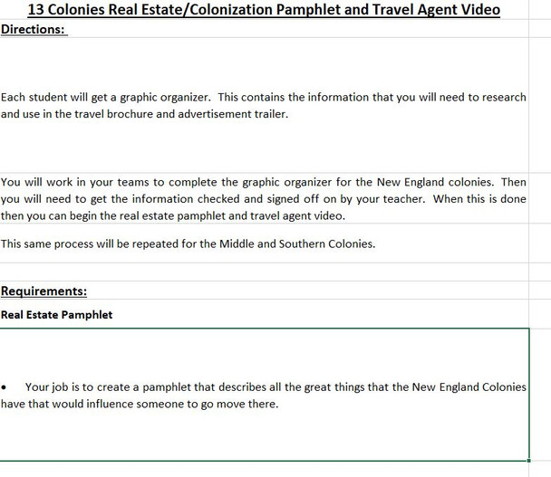 13 Colonies Graphic Organizer and Travel Brochure/Video Activity