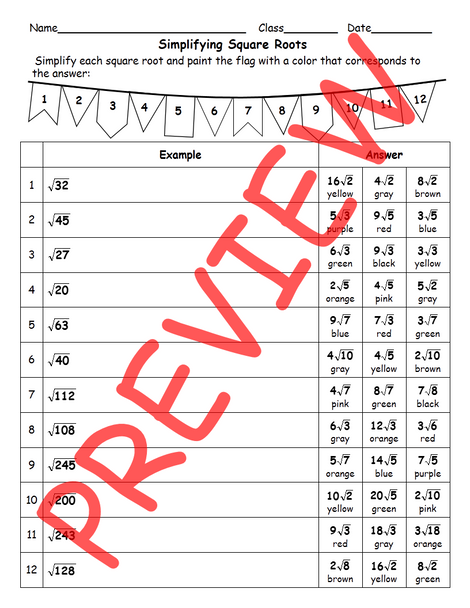 Simplifying Square Roots (Coloring Activity)