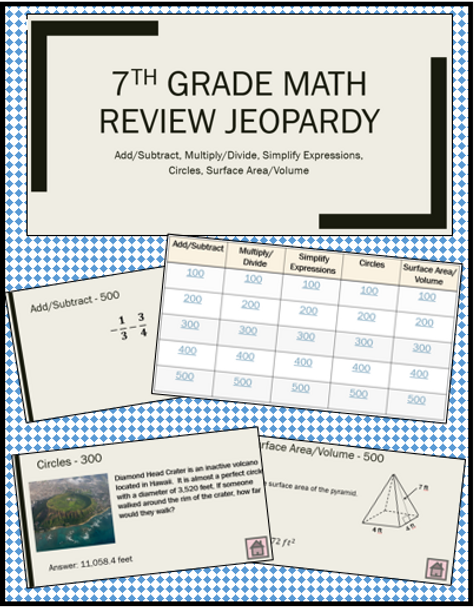 7th Grade Math Review Jeopardy Game