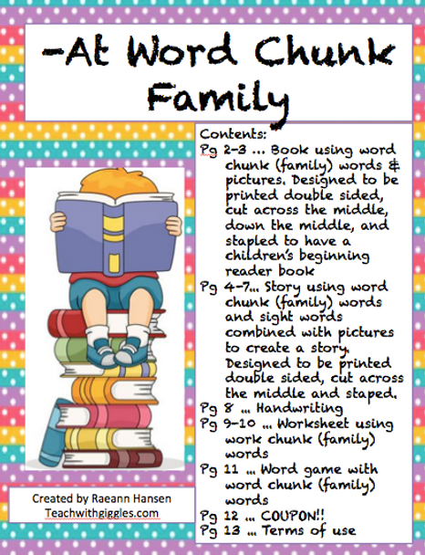 You will get:
*Book that is designed to be printed double sided, cut across the middle, down the middle and stapled to create a beginning reader.
*Story that uses the same word chunk family words & sight words to make a fun story
*Handwriting
*Worksheets using the same word chunk family
*Game using the same word chunk family words
 
https://ampeduplearning.com/teacher-contributor-stores/all-content-teachers/teach-with-giggles/
 
More products at Teachwithgiggles.com 