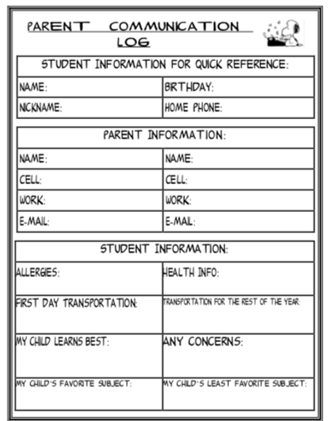 Peanuts Themed Parent Information Sheet w/ Communication Log