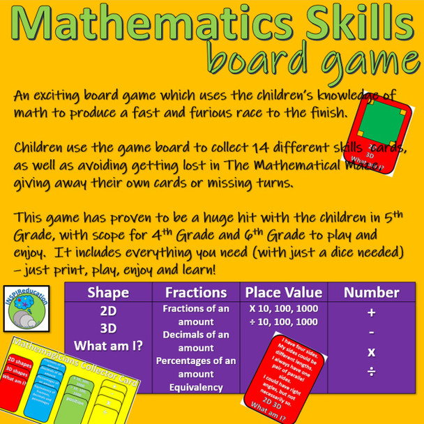 Mathematic Skills Board Game (4 ops, shape, fractions, place value)