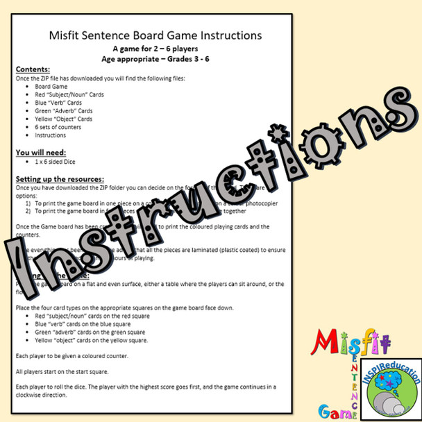 Sentence Construction "Misfit Sentence Board Game"