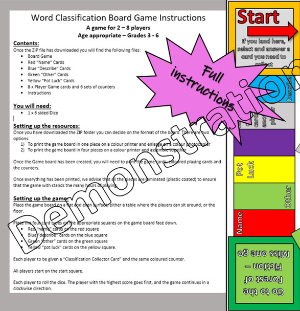 Word Classification Board Game -up to 8 players