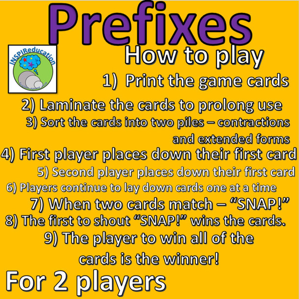 Prefix/Affix Snap! Game for 2 players. 128 cards, 32 prefixes and 32 meanings