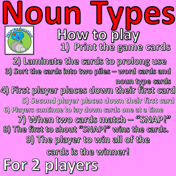 Noun Types - Snap! Card Game - 126 cards for 2 players (4 noun types)