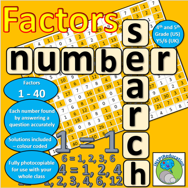 Factors in numbers 1 - 40: Number search. Solve the problems to find the factors