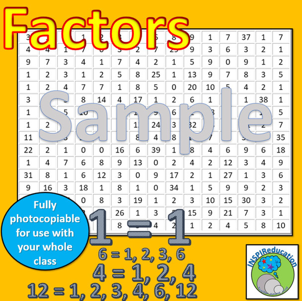 Factors in numbers 1 - 40: Number search. Solve the problems to find the factors