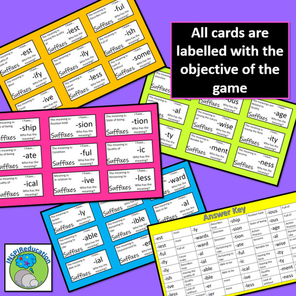 Suffixes - Loop Game, "I have...Who has...?" 36 cards to play