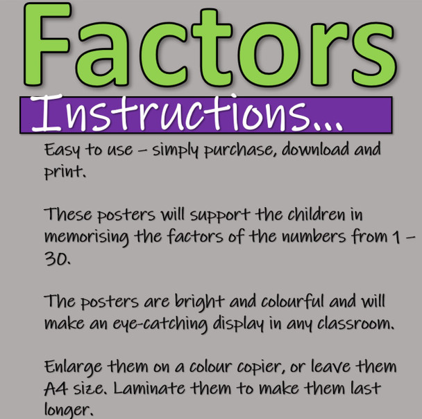 Factors of Numbers 1- 30. Poster for classroom display