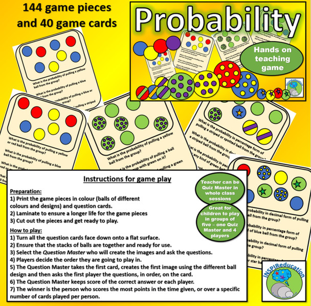 Probability - Game: Vocabulary, Fraction, decimal and percentage outcomes