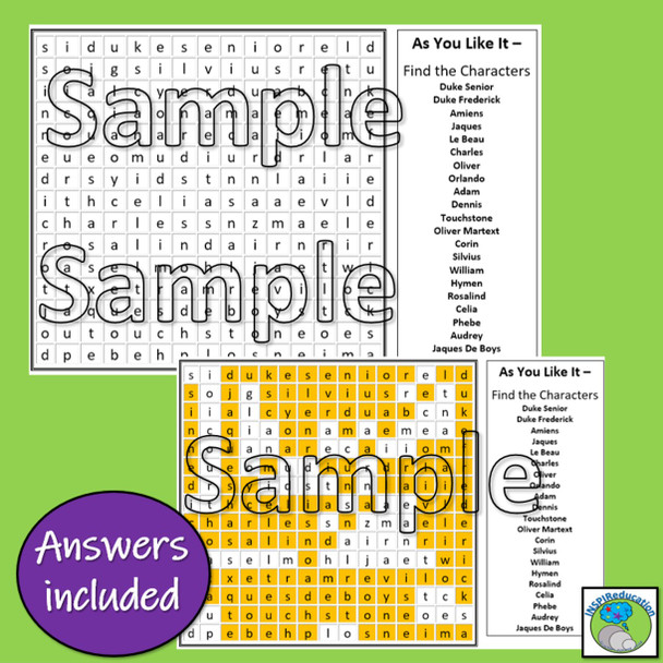 William Shakespeare - As You Like It (Word Search Character Names)